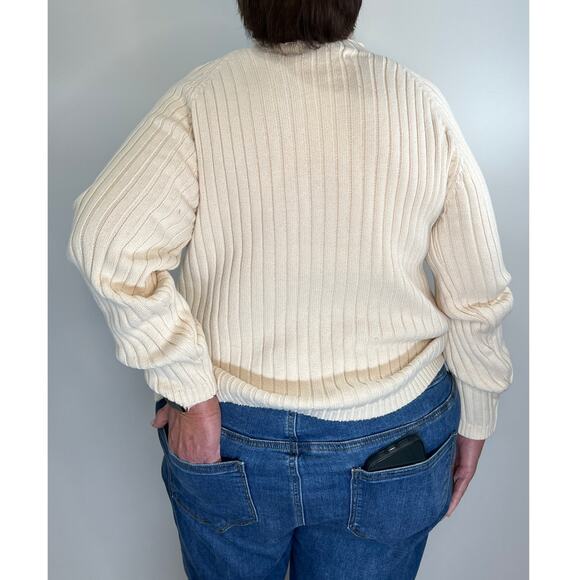 Vintage 90s Ribbed Knit Sweater Ivory Mock Neck Long Sleeve Sag Harbor Fisherman - Picture 6 of 6